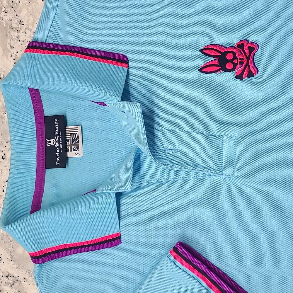 Psycho Bunny Hudson Men's Polo - Sky Blue with Purple & Hot Pink Trim - Picture 3 of 10